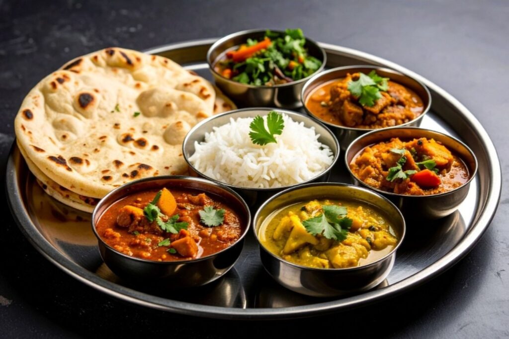 पारंपरिक भारतीय थाली भोजन पाक पर्यटन रेस्तरां दृश्य और क्षेत्रीय खाद्य राजस्व का प्रतिनिधित्व करता है