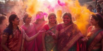 Holi festival celebration in India showing colorful powder and joyful crowds at cultural destinations
