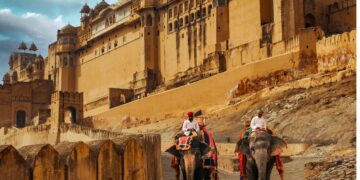 visiting region on elephant around Palace hotel in Rajasthan