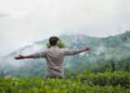 A traveler walking through misty tea plantations in Kerala during India monsoon season