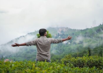 A traveler walking through misty tea plantations in Kerala during India monsoon season