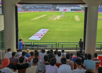 An Indian cricket fan in blue jersey celebrating a boundary during the India vs England ODI series