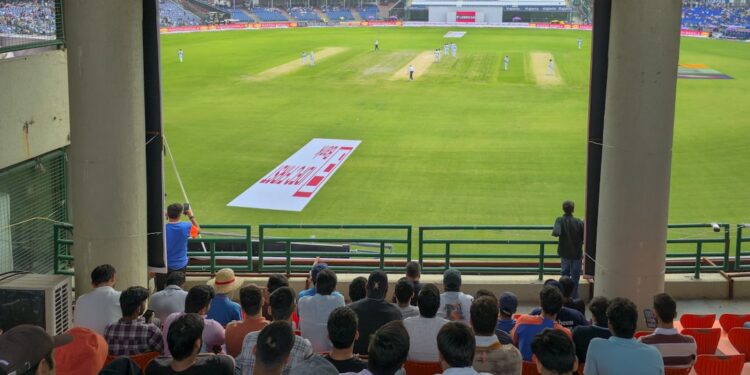 An Indian cricket fan in blue jersey celebrating a boundary during the India vs England ODI series