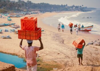 A woman selecting fresh fish at a bustling Indian coastal market, representing the heart of coastal cuisine traditions