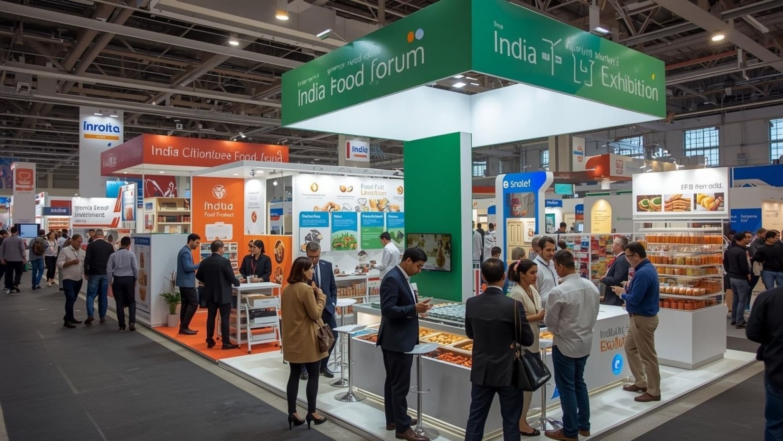 Sala de exposiciones del foro de alimentos que muestra oportunidades comerciales y de inversión en alimentos internacionales en la India
