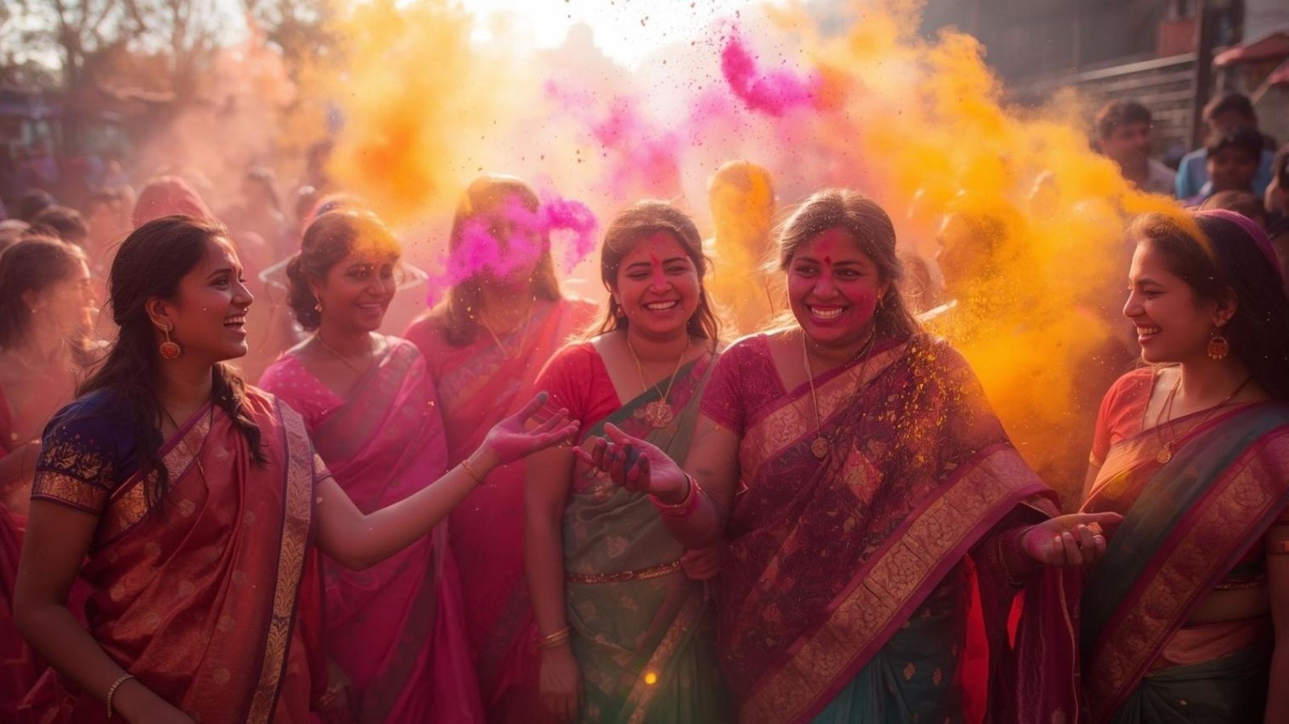 Celebración del festival Holi en la India mostrando polvos de colores y multitudes alegres en destinos culturales